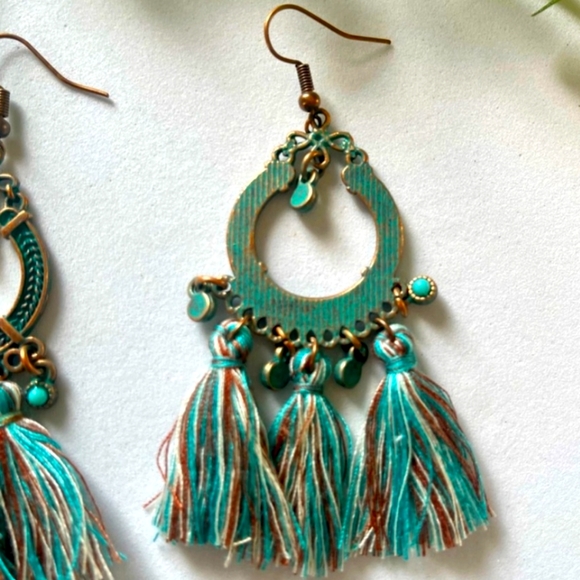 SALE! NEW Bohemian Turquoise Tassel Earrings - Picture 3 of 4